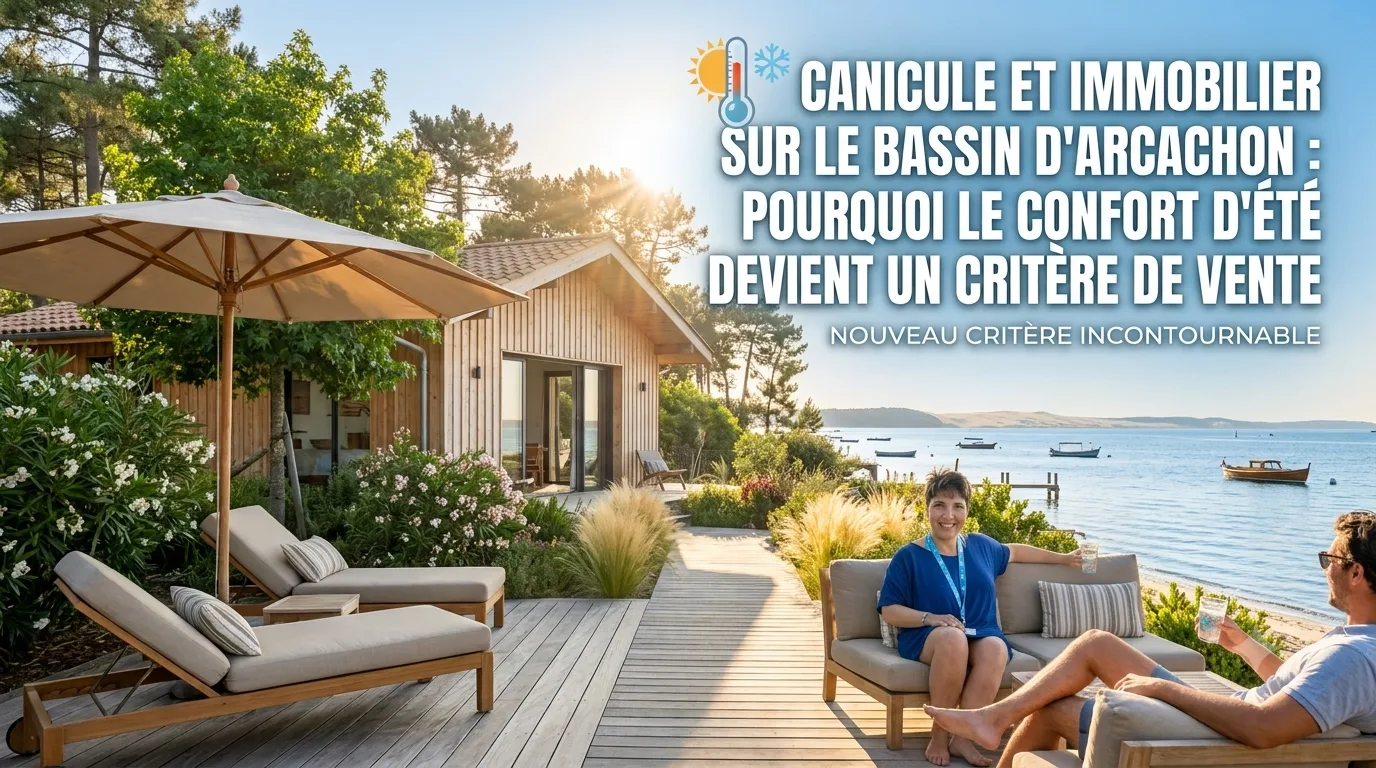 Terrasse en bois d'une maison contemporaine face au Bassin d'Arcachon un jour d'été, illustrant le confort d'été devenu critère immobilier