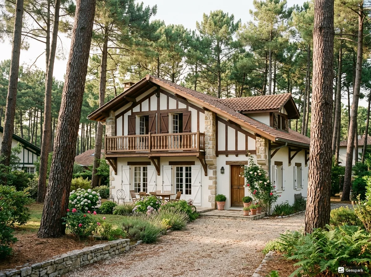 A_realistic_elegant_photo_of_a_typical_maison_lan-1784549139310 Maison landaise en bois à l'ombre des pins sur le Bassin d'Arcachon, conçue pour le confort d'été