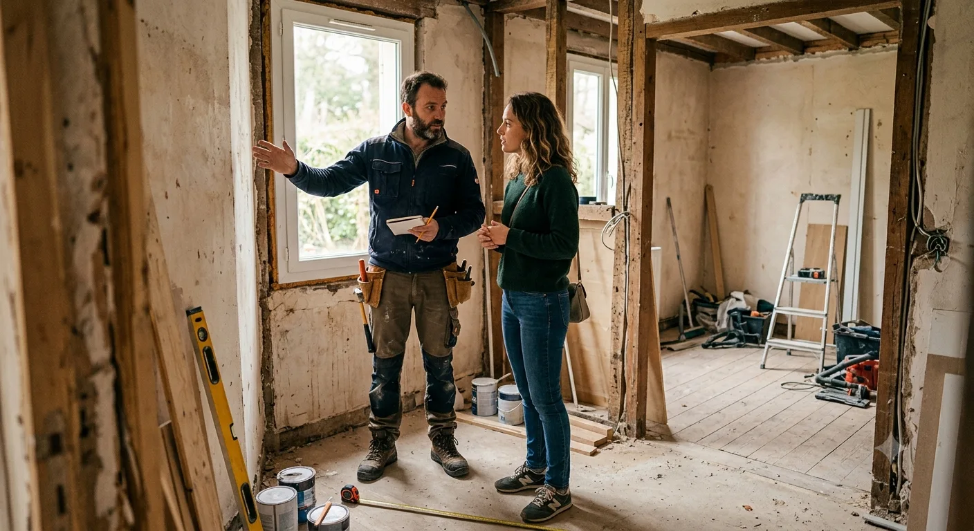 Un artisan RGE et une acheteuse échangent dans une maison en cours de rénovation sur le Bassin d'Arcachon