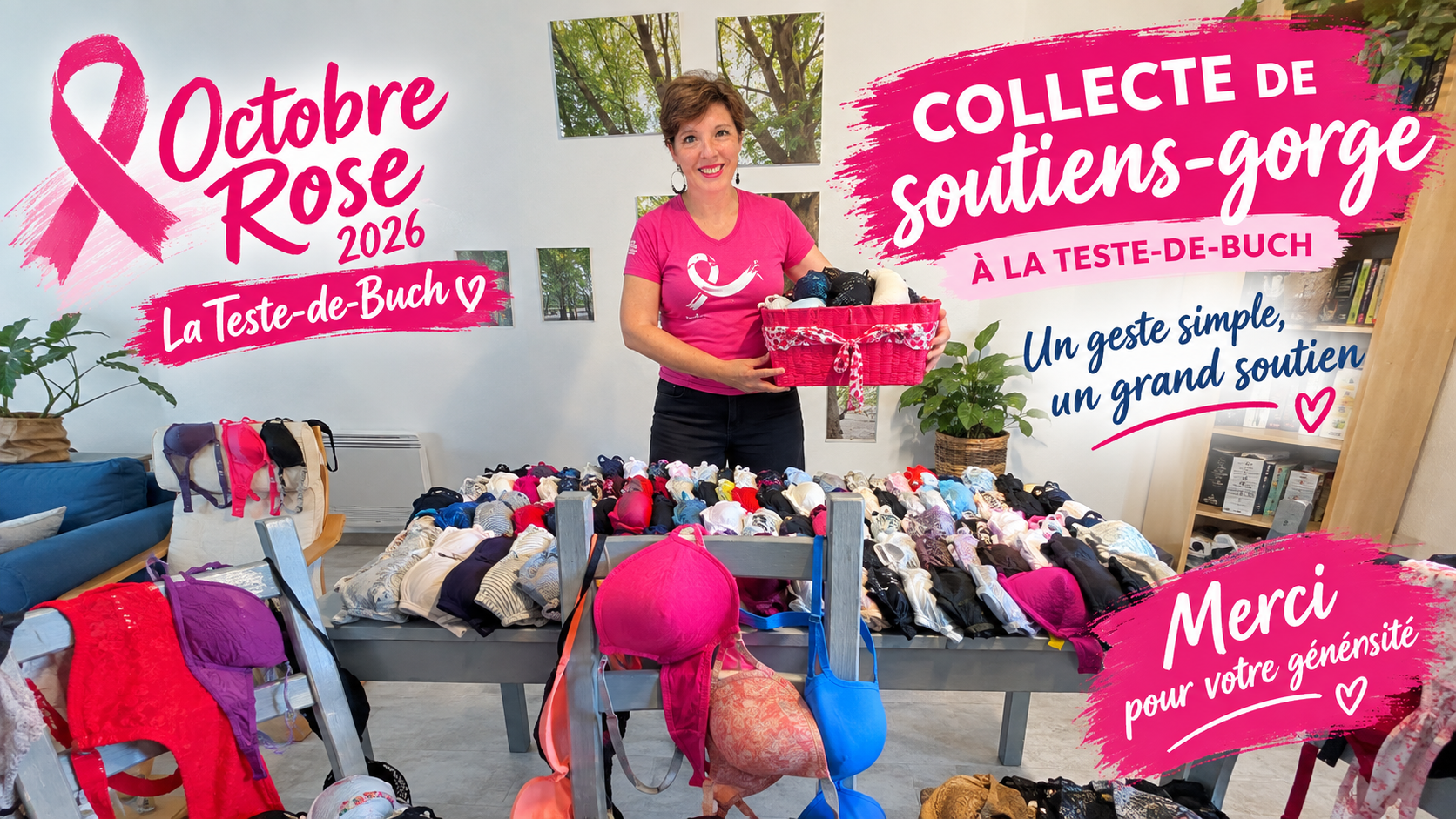 Audrey Guilloteaux, conseillère immobiliere iad, présente la collecte de soutiens-gorge Octobre Rose 2026 à La Teste-de-Buch