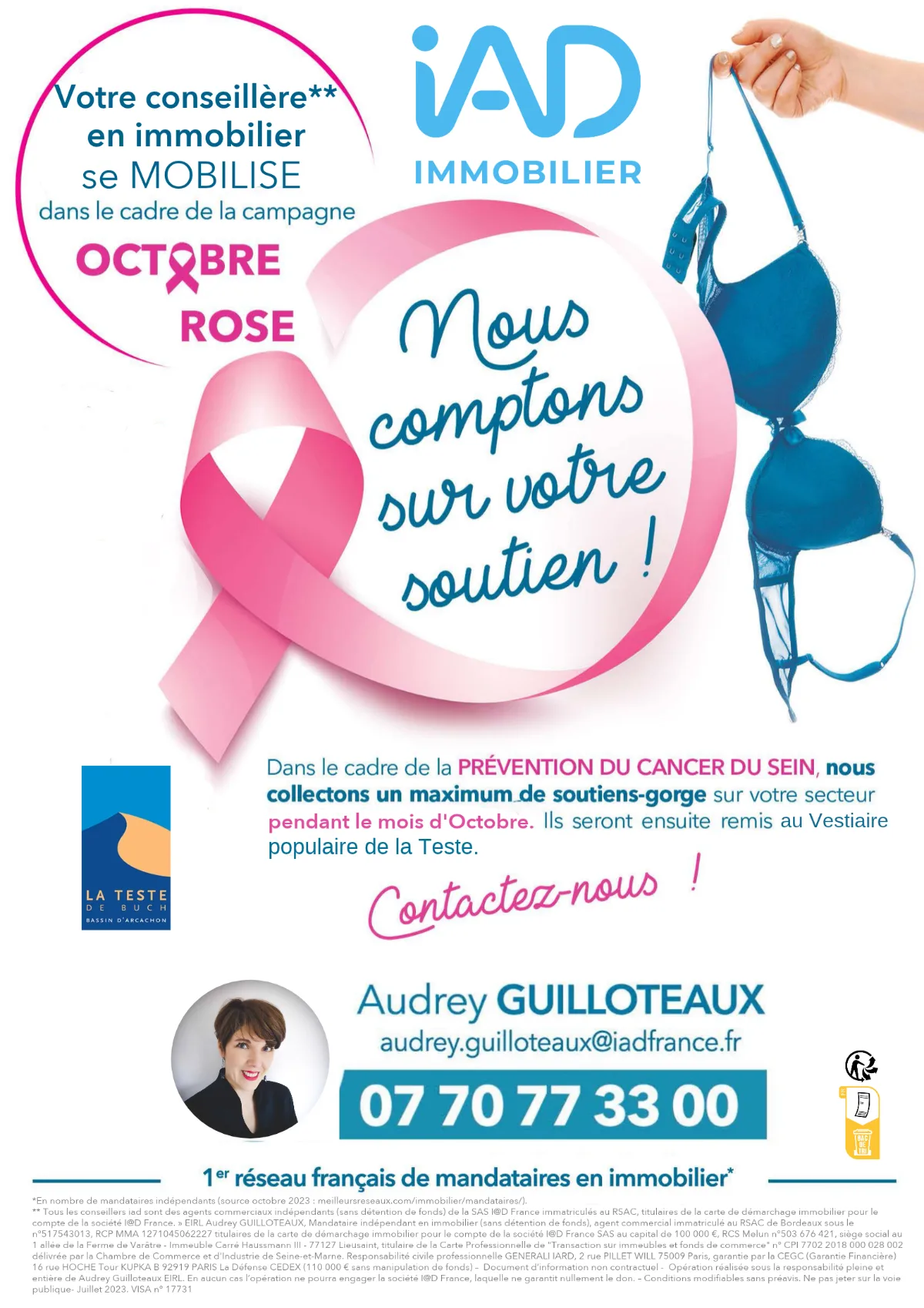 Affiche de la collecte de soutiens-gorge Octobre Rose d'Audrey Guilloteaux, conseillère immobiliere iad à La Teste-de-Buch