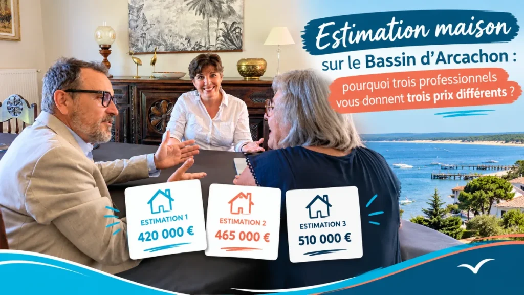 Audrey Guilloteaux, conseillère immobilière, présente trois estimations de prix différentes à un couple de vendeurs sur le Bassin d’Arcachon