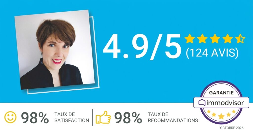 Note Immodvisor d’Audrey Guilloteaux : 4,9/5 sur 124 avis, 98 % de satisfaction et 98 % de recommandation