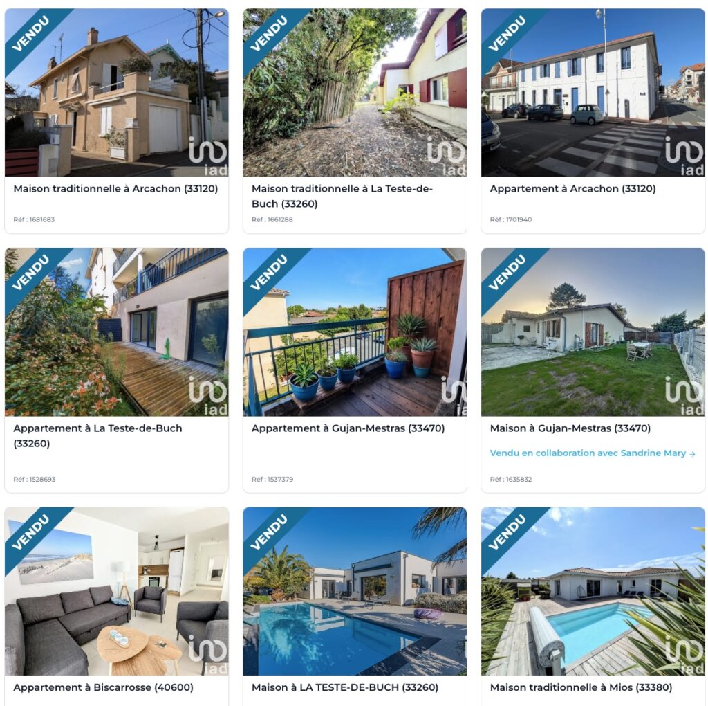 Biens vendus par Audrey Guilloteaux sur le Bassin d’Arcachon : maisons et appartements à Arcachon, La Teste-de-Buch, Gujan-Mestras, Biscarrosse et Mios